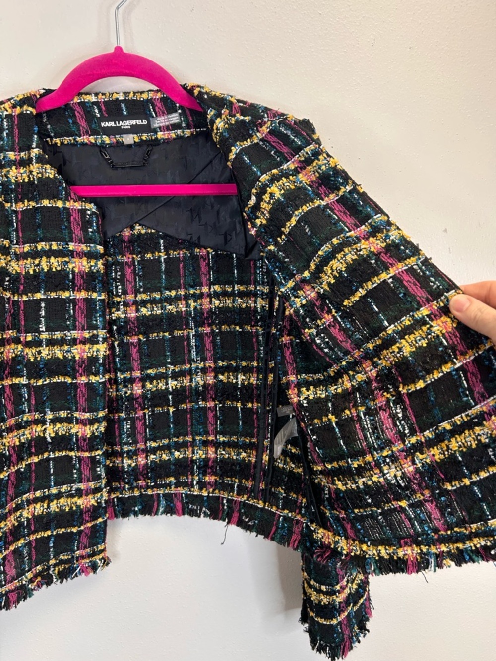 Karl Lagerfeld Multicolor Tweed Cropped Blazer Size 4 Luxury Designer Career - Picture 9 of 15